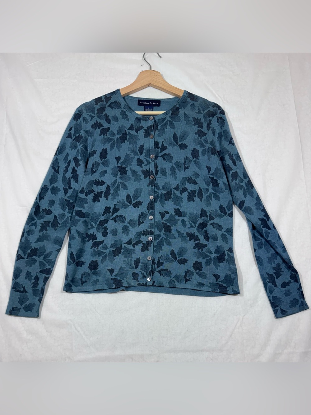 Preston & York Womens Blue Leaf Button-front Cardigan Size Small Fall Career